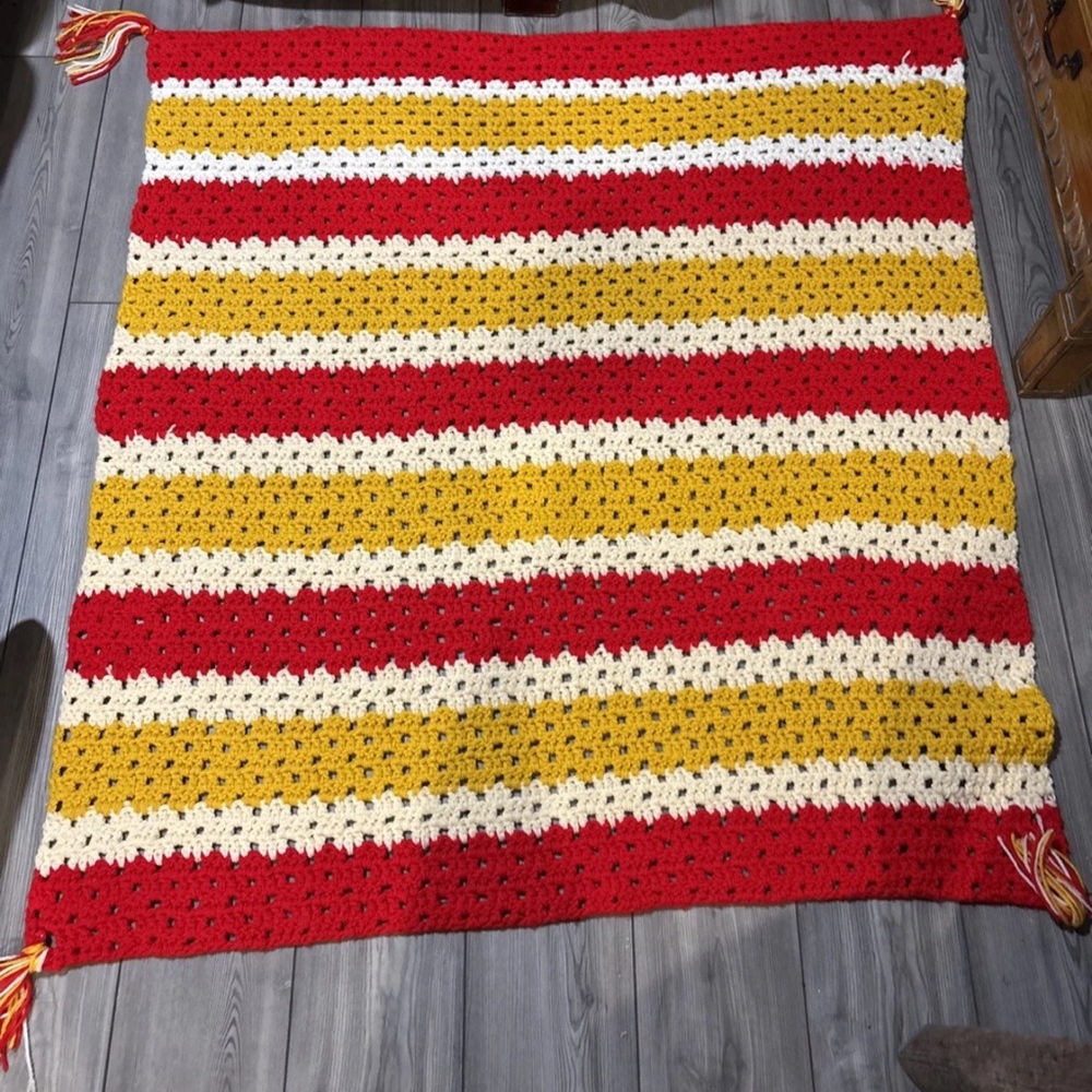 Handmade Striped Crochet Blanket in Red, Yellow, and Cream